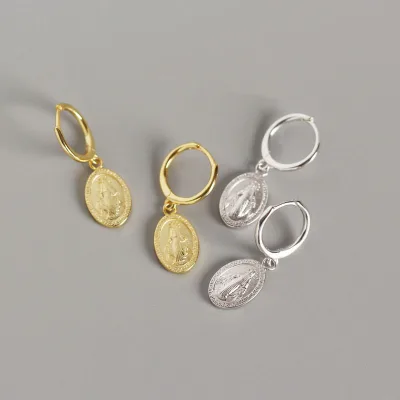 925 Sterling Silver Virgin Mary Coin Earrings Fashion Fold Earrings Women's Earrings Hainon 872