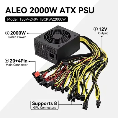 ALEO 4U Silent ATX 2000W 20+4Pin PSU 12V Supports 8 Graphics Card Connectors Server Stock Black PC Material