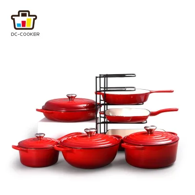 LFGB Enameled Cookware Set Cast Iron Cookwaresets Frying Pan Braiser Dish Cooking Pot Set