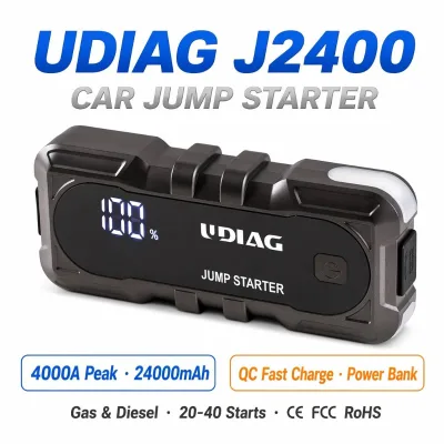 UDIAG J2400 4000A Peak Jump Starter 24000mAh 12V Car Battery Booster Power Bank QC Fast Charge Portable for Gas Diesel SUV Truck