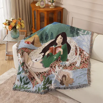 Boutique Artistic Eco-Friendly Modern Reading Figure Afghan Snow Leopard Floral Wearable Throw Jacquard Cotton Woven Tapestry