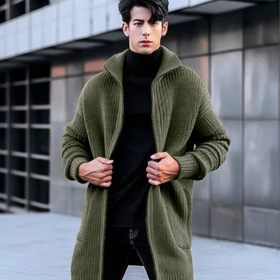 Men's Casual Winter Solid Pattern Knitted Cardigan Thick Turtle Neck Plus Size Print and Embroidery Button Decoration Sweater