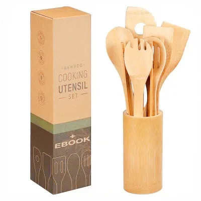 8 Pieces Wooden Kitchen Utensils Bamboo Kitchen Cooking Utensils With Holder