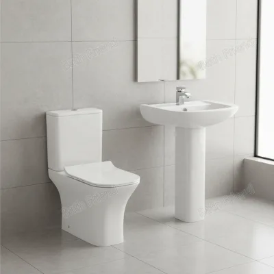 EU EN CE Certified Square Washdown Two Piece WC Pedestal Sink Suite Gloss Ceramic Bathroom Sanitary Ware Toilet Basin Set