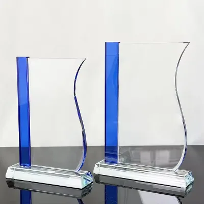 Crystal Trophy Awards School Children Souvenir Medal Presentation Clear Blue Glass Custom Logo Events