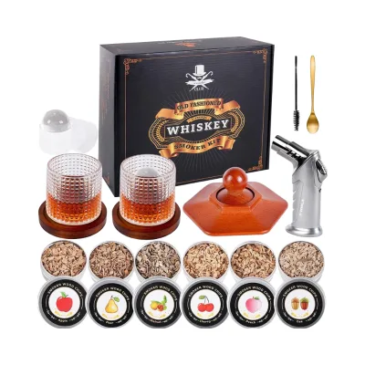 Whiskey Smoker Gift Box Kit with Bar Set Torch 6 Flavors Wood Chips 2 Rotatable Glasses & Ice Mold-Plastic