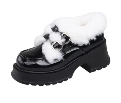 Women's Winter Fashion Outdoor Shoes Small Leather Shoes Fleece Lining Warm Open-toeless Chunky Heel Thick Sole Loafers