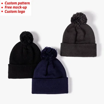 Comfortable and Warm Velvet Acrylic Knitted Hat for Autumn and Winter, Solid Color Pom Knitted Hat