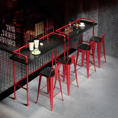Industrial Solid Wood Long Table with Wrought Iron High Chair for Wine Cellar Home Wall Decor Milk Tea Shop Bar