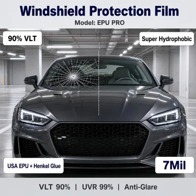 EPU Car Windshield PPF Protection Film 7mil Stone Chip Guard Impact Resistant Ultra Clear Super Hydrophobic Factory Manufacturer
