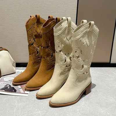 Botas De Mujer Ladies Hollow Cutout Embroidery Cowgirl Western Pointed Toe Block HeelRetro Knee High Women Casual Boots