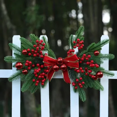Luxury Christmas Artificial Pine Swag Red Berry Clusters Shiny Red Ball Ornaments Red Bow Holiday Door Wall Hanging Decor Wreath