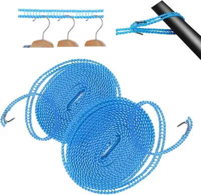5 M Nylon Windproof Clothesline Metal Hooks Multifunctional Wall-Mounted Foldable Double Hanger Functional Plastic Drying Rack