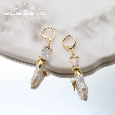 GLSEEVO Original Luxury Cloisonne Flower Baroque Freshwater Pearl Dangle Clip Earring Women'S Fashion Jewelry Earrings