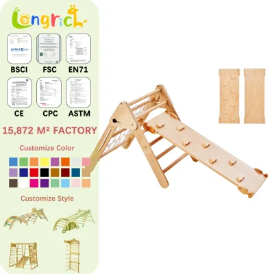 4-in-1 Natural Wood Color Modern Wooden Indoor Climber Set for Toddlers Includes Triangle & Ramp Unisex 77x64x63cm