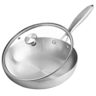 Hot Sale Multifunction 22/24/26/28 cm Uncoated Non Stick 304 Stainless Steel Frying Pan With Glass Lid