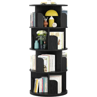 Modern 360 Rotating Bookcase with 4-Shelf Rotary Bookshelf Home Office Tall Book Rack 360 Display Bookshelf Storage