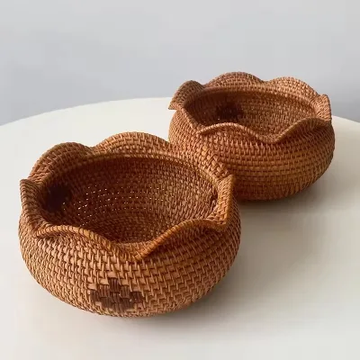 Natural Rattan Woven Basket, Creative Food Fruit Storage Baskets, Outdoor Picnic Snacks Tray, Tableware Home Desktop Decoration