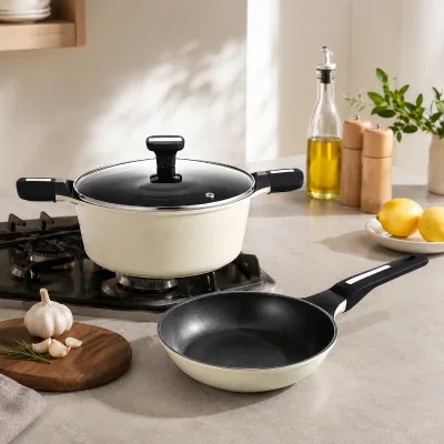 Factory-Direct Classic 7-Piece Aluminum Cookware Set Glass Covers Soft Touch Handles Non-Stick PTFE Coating Induction Ready