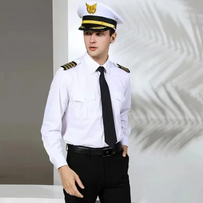 Men's Aviation Summer Uniform Captain's Work Shirt White Long Sleeve & Short Sleeve Pilot Cadet Shirt
