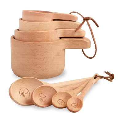 Wood Measuring Cups and Spoons Set of 8, Handcrafted Natural Wooden Measuring Cups Measuring Spoons
