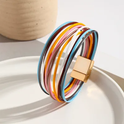 Wholesale Colorful Fashion Wrap Bracelets Magnetic Claps Strap Bracelet Multi Layers Leather Bracelet Women