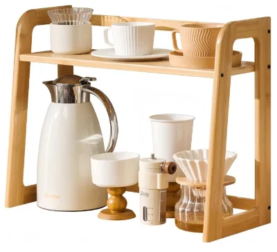 Natural Bamboo Coffee Station Organizer 2-Tier Wooden Kitchen Counter Shelf for Bar Accessories