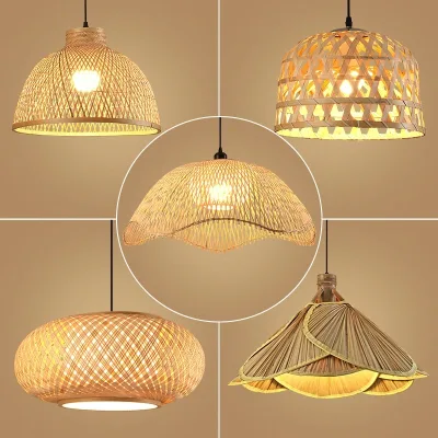 Modern Nordic Wabi Sabi Japanese Handwoven Natural Weave Rattan Wicker Hanging Ceiling Pendant Light Lampshade Chandelier