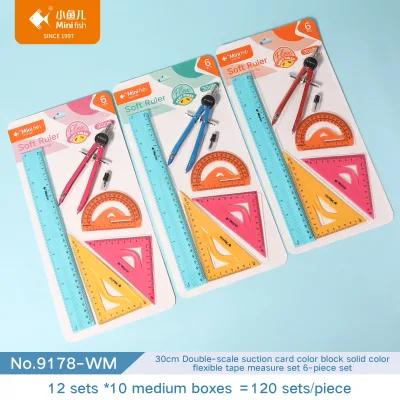 6Pcs Solid Color Flexible Soft Geometry Set 30cm Bendable Ruler Metal Compass Protractor Triangle Ruler Student Math Stationery