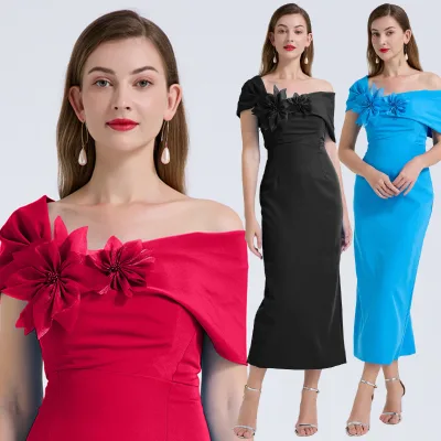 3 Colors Elegant Summer Women's Sexy One Shoulder Solid Flower Decoration Split Party Dress Straight Natural Mid-Calf
