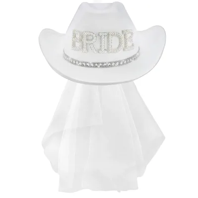 Hstyle Bride's Rodeo Bridal Cowgirl Hat Bachelorette Party Rhinestone White Cowboy Hats Veil Bride to Be Gift Halloween Costume