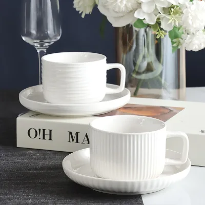 Pure White Ceramic Coffee Cup Saucer Set Afternoon Tea Embossed Ribbed Mug Drinkware Coffee Set Dishwasher Safe