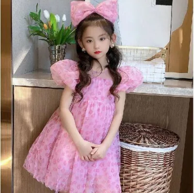 Girls' Stylish Korean-Style Princess Dress with Mesh Bow Veil Long Hair Hoop Sweet Summer Fashion for Big Children