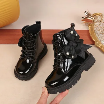 Children Stylish Korean Style Leather for Dr for Boots 2026 Fall/winter New Mid-calf Height Warm Fashionable Bow Lace-up