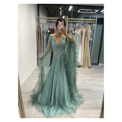 Feather Accented Long Sleeves V Neck Mother of the Bride Dress Gown Prom Dress Wedding Evening Party Top Sale Beading Sequin