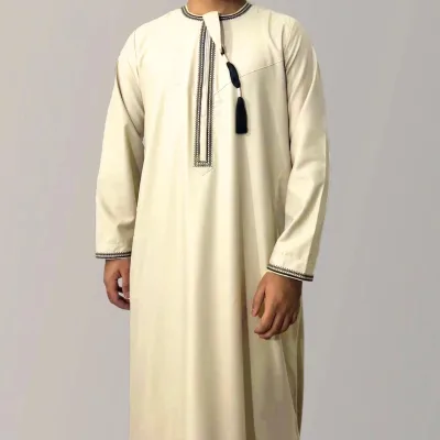 Men's Casual Long Sleeve Embroidery Kaftan Thobe Muslim Robe Moroccan Islamic Clothing for Daily & Religious Occasions