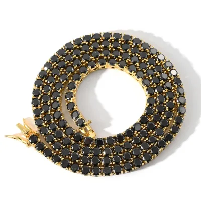 Men Gold Plated Hiphop Single Row Black Stone Zircon CZ Tennis Chain Necklace