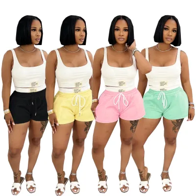 Women's Sports Summer Solid Color Casual Vest and Skinny Shorts Two Piece Set