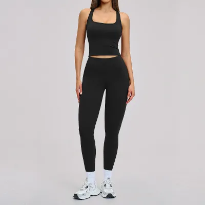 Women Backless Tank Top Leggings Set High Waist Fitness Workout Gym Sportswear