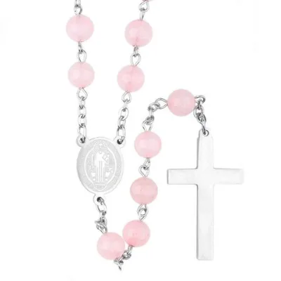 Catholicism Pink Stone Beads Stainless Steel Rosary Saint Benedict Centerpiece Cross Necklace
