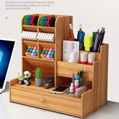 Nordic Style Large Capacity Wooden Multi-Functional Desk Organizer Office Stationery Pen Holder