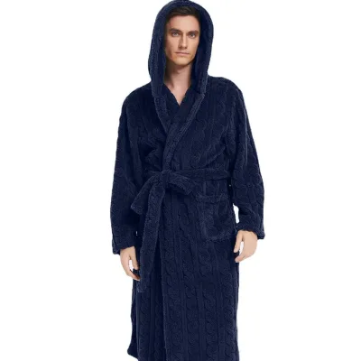 Winter Long-Sleeved Loose Robe Men's Solid Thick Bathrobe Men's Jacquard Hooded Robe