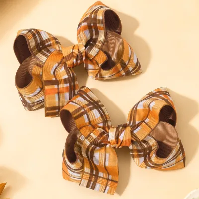 2Pcs Fall Plaid Hair Bows for Girls Kids Tartan Grosgrain Ribbon Hair Clips Boutique Bows Autumn Thanksgiving Party