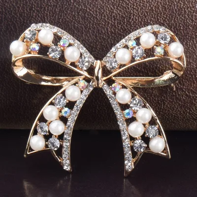Popular Cute Big Bow Down Collar Flower Brooch Simulated Pearls Rhinestone Exquisite Brooches