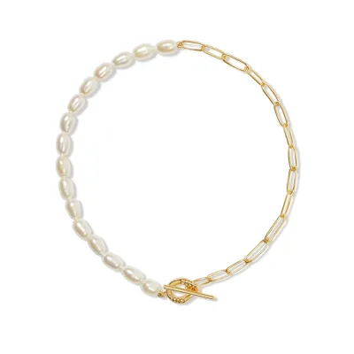 Gemnel Natural Freshwater Pearl Half Paperclip Chain T-bar 925 Silver Bracelet