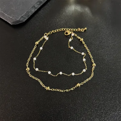 Summer Season Pearl Bead Stainless Steel Gold Plated 2 Layers Women Beach Travelling Women Anklets