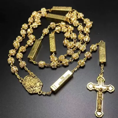 6*7mm Rose Scented Perfume Rosary, Catholic Necklace With Five Mysteries Antique Gold Fatima Center and Jesus Cross
