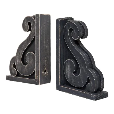 Rustic Distressed Farmhouse Bookends Vintage Scroll Corbel Bookends with Black Painted Wood Decorative Bookends