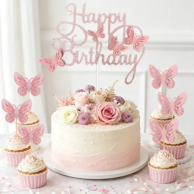 Cross-border Glitter Butterfly Cake Topper Birthday Party Dessert Decoration Wood Gold Onion Paper Beautiful Wind Die Cutting