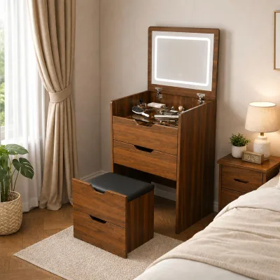 3 in 1 Small Vanity Desk with Mirror and Lights, Space Saving Makeup Vanity with Hidden Stool & Storage